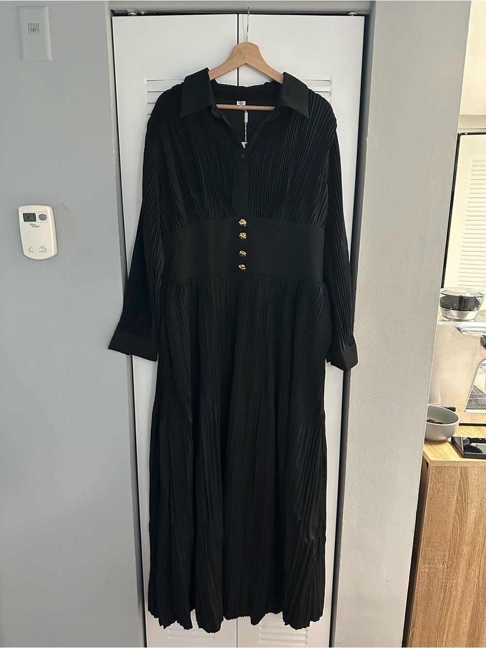 Moss & Spy Black Pleated Long Sleeve Midi Dress with Gold Buttons